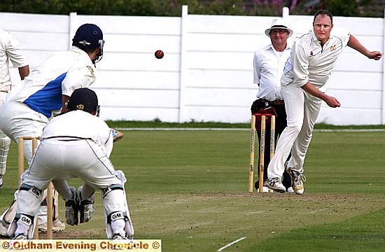PROBING SPELL: Andy Yates, who took three for 24 in Crompton’s victory over Elton, sends a delivery to visitors’ top scorer Paul Challinor. PROBING SPELL: Andy Yates, who took three for 24 in Crompton’s victory over Elton, sends a delivery to visitors’ top scorer Paul Challinor.