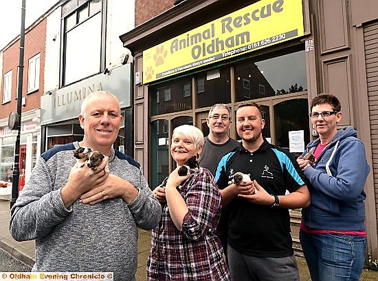MOVING in . . . (from the left) Animal Rescue Oldham founder and chairman Rod Smith with committee members Tracy Thompson and Ray Hayes, treasurer Scott Woodhead and committee member Mandy Hughes outside the charity’s new base MOVING in . . . (from the left) Animal Rescue Oldham founder and chairman Rod Smith with committee members Tracy Thompson and Ray Hayes, treasurer Scott Woodhead and committee member Mandy Hughes outside the charity’s new base