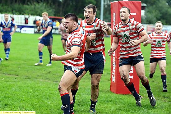 WE DID IT!: David Hewitt scored a crucial try (inset, bottom) and celebrated in style (main, left), while George Tyson caught up with his man during Oldham’s terrific comeback victory over Barrow. PICTURES by TIM BRADLEY
