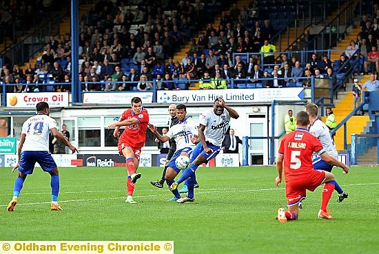 New loan signing Simonas Stankevicius tries his luck as Athletic press for a winner against Bury on Saturday. 