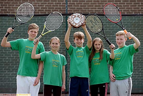 WINNERS . . . tennis 14/16s champions Greenfield (from left) Sam Mayor, Emma Brewster, Archie Duncan, Tara Phethean and Matthew White
