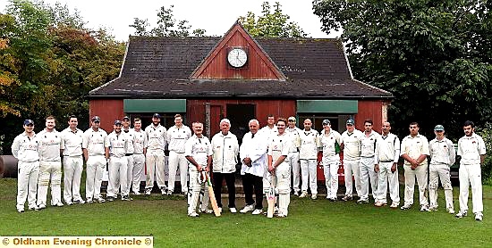 FINAL COUNTDOWN . . . players from Greenfield and Glodwick line up with the umpires before the final round of matches in the history of the Saddleworth and District Cricket League. 