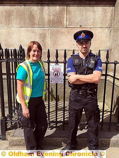 BOOZE patrol . . . Dianne Kenny from the council’s environmental services and PCSO Simon Kazmarski BOOZE patrol . . . Dianne Kenny from the council’s environmental services and PCSO Simon Kazmarski