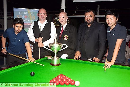 CUEMASTERS: world snooker champion Stuart Bingham (second left), 12-year-old Kaif Shazad (left), referee Peter Bennett, Mohammed Nisar, of the Oldham Snooker Academy, and Manasawin Phetmalaikul (16). 
