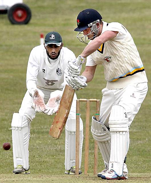 Drakes Premiership cricket. Shelley v Delph and Dobcross. Delph and Dobcross batsman, Greg Buckley. Drakes Premiership cricket. Shelley v Delph and Dobcross. Delph and Dobcross batsman, Greg Buckley.