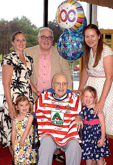 A SMILING Sam Bradley on his big day, surrounded by his family and proudly wearing his Oldham jersey, signed by the players. 

Back row (left to right): Elizabeth Welch (grand-daughter), Ian Bradley (son), Catherine McCormick (grand-daughter).

Front: Maisie Welch (great grand-daughter), birthday-boy Sam, Isabella McCormick (great grand-daughter).