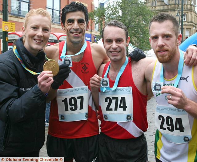 MEDALLISTS . . . Nicola White congratulates, from left, winner Bruno Lema, runner-up Jan Pichl and Rob James, third