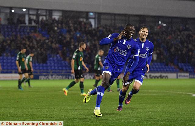 NOW HEAR THIS . . . Freddie Ladapo celebrates after putting Athletic in front. NOW HEAR THIS . . . Freddie Ladapo celebrates after putting Athletic in front.