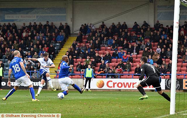 NO GOAL . . . Cameron Burgess shoots home, but the goal is ruled out. PICTURES by ALAN HOWARTH