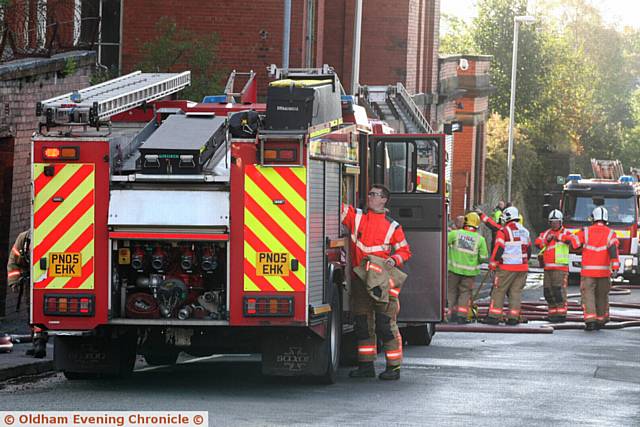 Fire at Maple Mill, Cardwell street, Oldham. Pic shows, Greater Manchester Fire Brigade, attending the fire.
