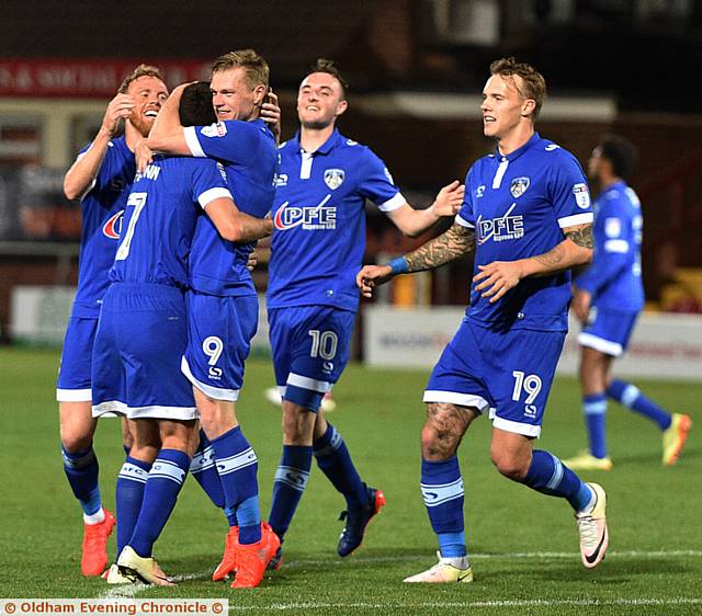 HAPPY FACES . . . Billy Mckay celebrates after putting Athletic ahead against Fleetwood last night. PICTURE by ALAN HOWARTH