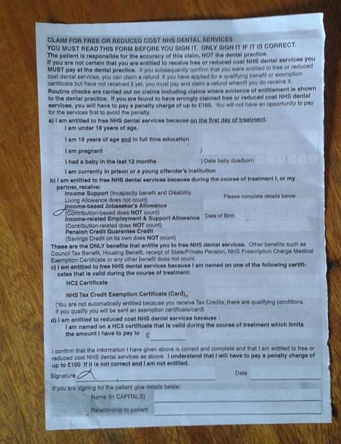 A form used by residents who were entitled to free NHS dental treatment. There was no option to tick Universal Credit