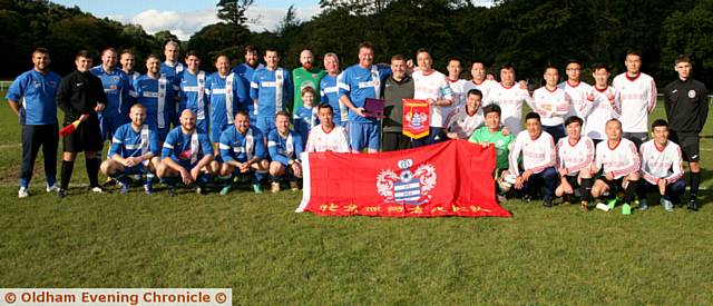 Uppermill FC V Beijing Rangers Vets, match played at Churchill playing fields, Greenfield, Oldham. Pic shows, L/R, Uppermill FC, Beijing FC, Vets.