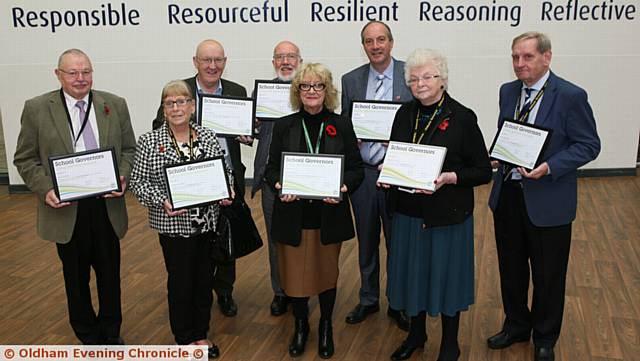 Elizabeth Scoltock,, school governor at St Hida's school, Oldham, with 30 years service, Lesley Hampson, governor at North Chadderton school, with 24 years service, Marlene Armitage, governor at Holy Cross church of England primary,Oldham, with 42 years service. L/R, (back row), Alan Armitage, governor at St Hilda's CE primary school,Oldham, with 18 years service, Eddie Moore