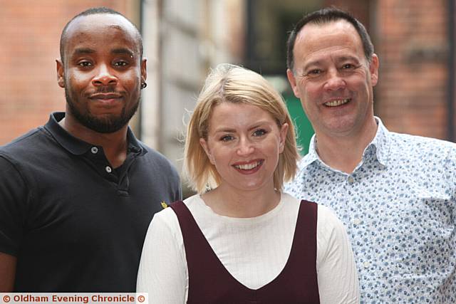 Oldham Pride nomination. Pic shows from the left, Eric Osazee, volunteer co-ordinator, Clare Boyle, young carer support worker, Martin Sutton, project manager. All from the Young Carers Project, Oldham.
