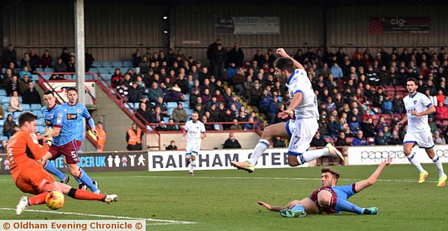 NO WAY THROUGH . .. Ryan Flynn's shot is smothered by goalkeeper Luke Daniels. PICTURES by ALAN HOWARTH