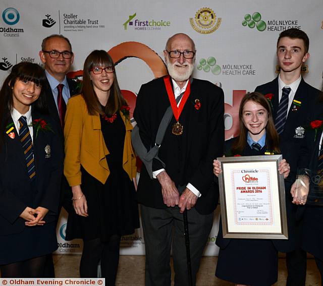 AWARD winners Saddleworth School peer mentors with head teacher Matthew Milburn (2nd left) and presenter, Mayor Cllr. Derek Heffernan (centre)