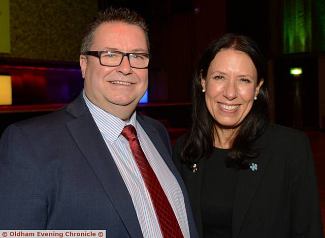 EVER-PRESENT . . . Oldham RLFC chairman Chris Hamilton, who has attended all 15 awards events, pictured with Oldham East and Saddleworth MP Debbie Abrahams, who also presented an award during the evening.
