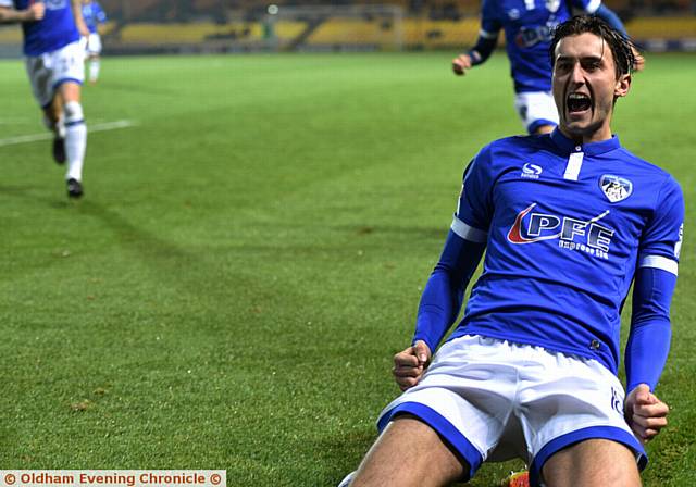 SLIDING CELEBRATION . . . Ollie Banks shows his delight after putting Athletic ahead at Port Vale