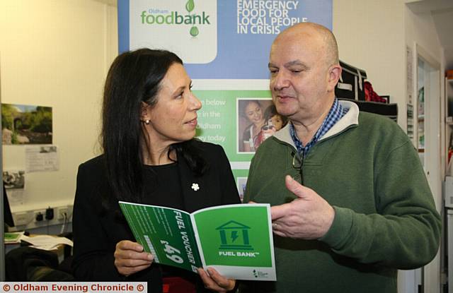 MP Debbie Abrahams discussing the new fuel scheme with Oldham food bank manager, Andrew Barr