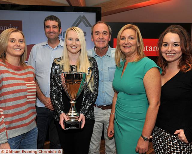 QUIZ night a hit . . . from left, Dayna Patterson (steering group), Rob Dolan (Santander), Vicki Hindle (Ryder and Dutton - last year's winners), Martyn Torr (Oldham Business Awards), Pam Pelham (Ampwire) and Angela Higham (Dr Kershaw's Hospice)
