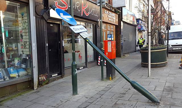 The damaged lamp post in Yorkshire Street, Oldham.