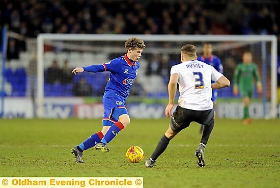 INSTANT IMPACT . . . new on-loan player Matt Palmer displays the style which made him stand out in Athletic’s midfield. 
