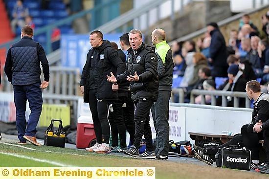 LIFT IT . . . Athletic manager John Sheridan tries to rally his troops against Bury. LIFT IT . . . Athletic manager John Sheridan tries to rally his troops against Bury.