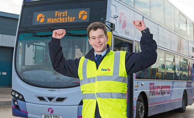 CELEBRATION . . . bus driver Tim Clarke demonstrated his safe driving skills