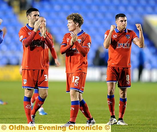 THIS ONE’S FOR YOU . . . Athletic’s players salute the 187 travelling fans. Pictures by ALAN HOWARTH
