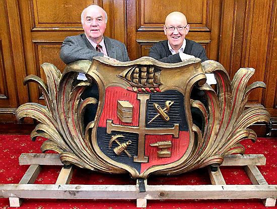 RESTORED . . . Councillor Graham Shuttleworth (left), chair of Chadderton District Executive, and Chadderton Central councillor Eddie Moores, deputy cabinet member for economy and enterprise, with the restored Chadderton crest, and (below) the current crest
RESTORED . . . Councillor Graham Shuttleworth (left), chair of Chadderton District Executive, and Chadderton Central councillor Eddie Moores, deputy cabinet member for economy and enterprise, with the restored Chadderton crest, and (below) the current crest