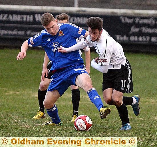 SEEL PARK TUSSLE . . . match-winner Tom Pratt (right) tangles during Mossley’s 2-1 victory against Ossett Town. PICTURE by TIM BRADLEY. SEEL PARK TUSSLE . . . match-winner Tom Pratt (right) tangles during Mossley’s 2-1 victory against Ossett Town. PICTURE by TIM BRADLEY.