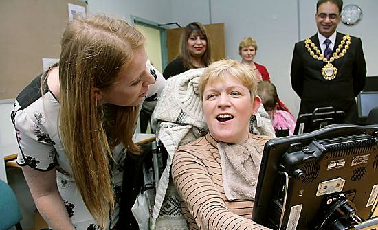 ACE visit: Ashton MP Angela Rayner and the Mayor and Mayoress of Oldham,councillors Ateeque Ur-Rehman and Yasmin Toor, meet Nicola Bush. Nicola has cerebral palsy and communicates using a voice output communication aid that she operates via head tracker. ACE visit: Ashton MP Angela Rayner and the Mayor and Mayoress of Oldham,councillors Ateeque Ur-Rehman and Yasmin Toor, meet Nicola Bush. Nicola has cerebral palsy and communicates using a voice output communication aid that she operates via head tracker.