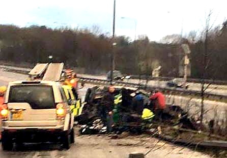 EIGHT in hospital . . . two serious crashes on the A627 Chadderton slip road. Picture from Spotted Oldham, Facebook EIGHT in hospital . . . two serious crashes on the A627 Chadderton slip road. Picture from Spotted Oldham, Facebook