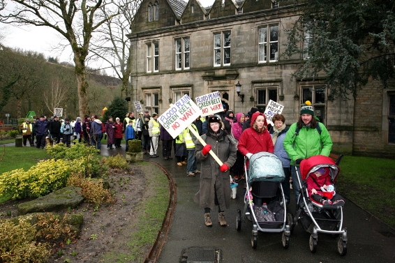 Save Diggle action group on their protest march. Pushing the prams are Jessica Todd, with brother, Matthew Todd, former Sadleworth school pupils. 
