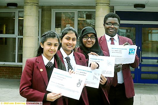 FOUR of the successful Oldham West candidates . . . Hathershaw pupils (from left) Natasha Ateeque, Jasmine Raza, Khadija Ali and Tomi Akingbehin