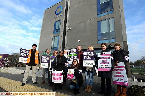 Oldham College staff on the picket line Oldham College staff on the picket line