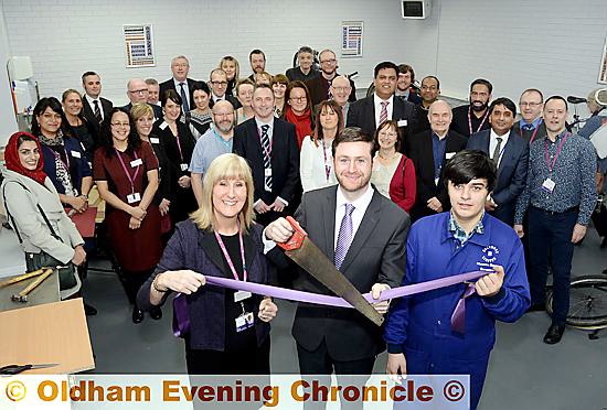 MP Jim McMahon officially opens the Skills Zone at Positive Steps. With him are chief executive Steph Bolshaw and apprentice Lee Morrison