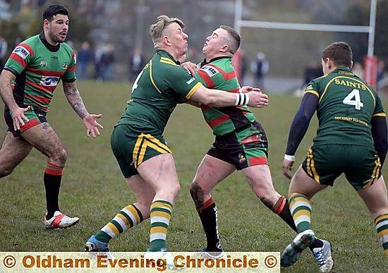 Waterhead Warriors (stripes) v Oldham St Annes
James Shaw of St Annes and Niall Dunnington-Wallcae of Watehead clash Waterhead Warriors (stripes) v Oldham St Annes
James Shaw of St Annes and Niall Dunnington-Wallcae of Watehead clash