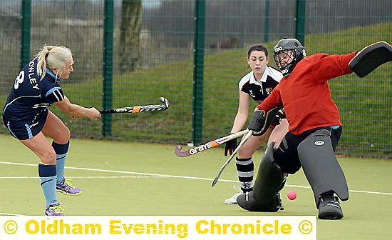 STICKS AWAY . . . Oldham’s Karen Rowley unleashes an effort towards the Prescot goal. PICTURE: TIM BRADLEY