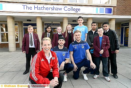 FORMER England goalkeeper Rachel Brown-Finnis with Latics players (centre) James Wilson and Joseph Mills and pupils (from left) Tom Hidderley, Jasmine Raza, Rachel Brooks, Chloe Taylor, Kevin Kociu, Ashar Zeer, Callum Armer and Ali Raza