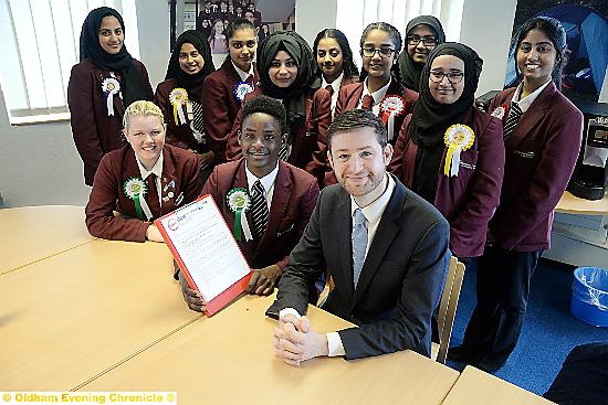 MP’s question time: Jim McMahon is pictured with election hopefuls at Hathershaw College. MP’s question time: Jim McMahon is pictured with election hopefuls at Hathershaw College.