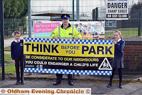 SAFETY message . . . Charlotte Rigby and William Cousins with PCSO Wayne Turley and the new banner at St Anne’s Lydgate. SAFETY message . . . Charlotte Rigby and William Cousins with PCSO Wayne Turley and the new banner at St Anne’s Lydgate.