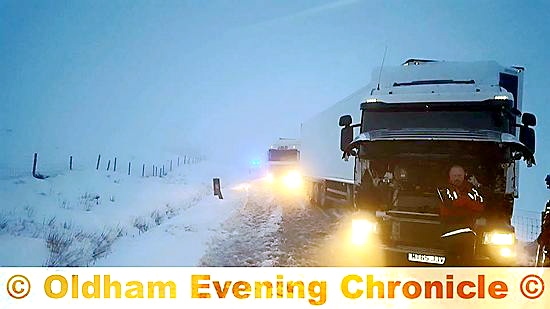 Stranded lorries on the A640 on Friday. Picture: Oldham Mountain Rescue