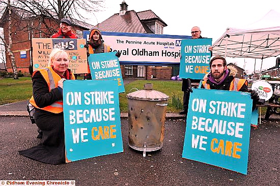 WALKOUT . . . (rear, from left) Geoff Brown (Manchester Trades Council), Jane Stratton (junior doctor), and Alistair Stewart (consultant psychiatrist). Front: Gail Bradshaw (Oldham Trades Council) and Rory Hicks (junior doctor)