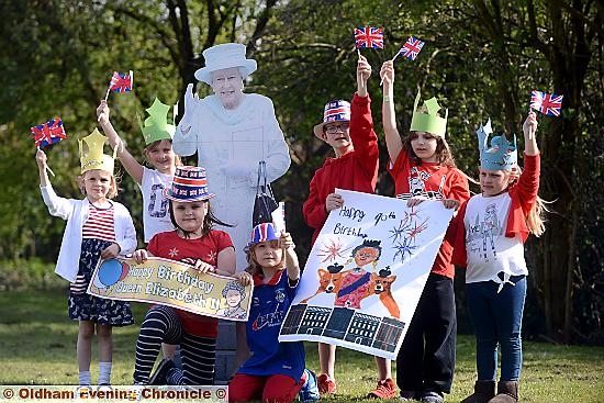 Rushcroft Primary School children, staff and parents celebrate the Queen's 90th birthday. Left to right, Abigail Jones, Jessica Baxter, Hannah Vesnenko, Evan Howard-McMunn, Luke Rawson, Tristan Ross, Isabella Hart.