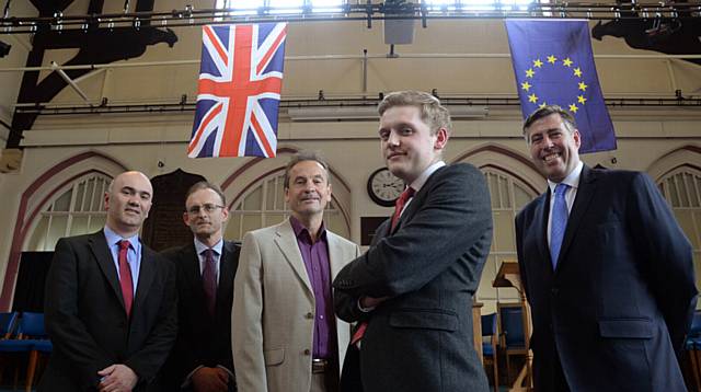 From left: Oldham Hulme Grammer Principal Craig Mairs, Chair of debate Nick James Deputy Principal Oldham Hulme Grammar, Chris Davies former MEP North West for the In campaign, Head Boy and organiser of the event Luke Lancaster and Graham Brady MP for Brexit campaign