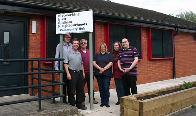 Colin Salt (OCP), Alan Price (OCP), Bill Edwards (OCP), Caroline Lawson (NEON Trustee), Fiona Jones, (NEON Trustee), Dave Wilkinson (NEON Chair), pictured outside Networking East Oldham Neighbourhoods Community Hub - one of the properties set to benefit from the scheme. 
