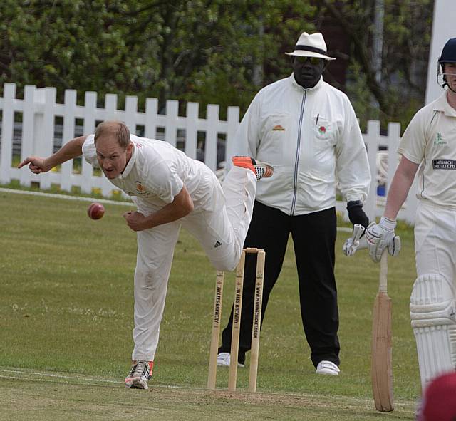 Austerlands v Royton (batting). Austerlands Dieter Klein bowls