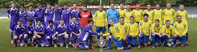 MOTD - Oldham Sunday League Div 1 Shield Springhead (purple) v Royton (yellow). (l-r) Springhead captain Daniel Gordon and Royton captain Michael 'Carrot' Garrett and teams
